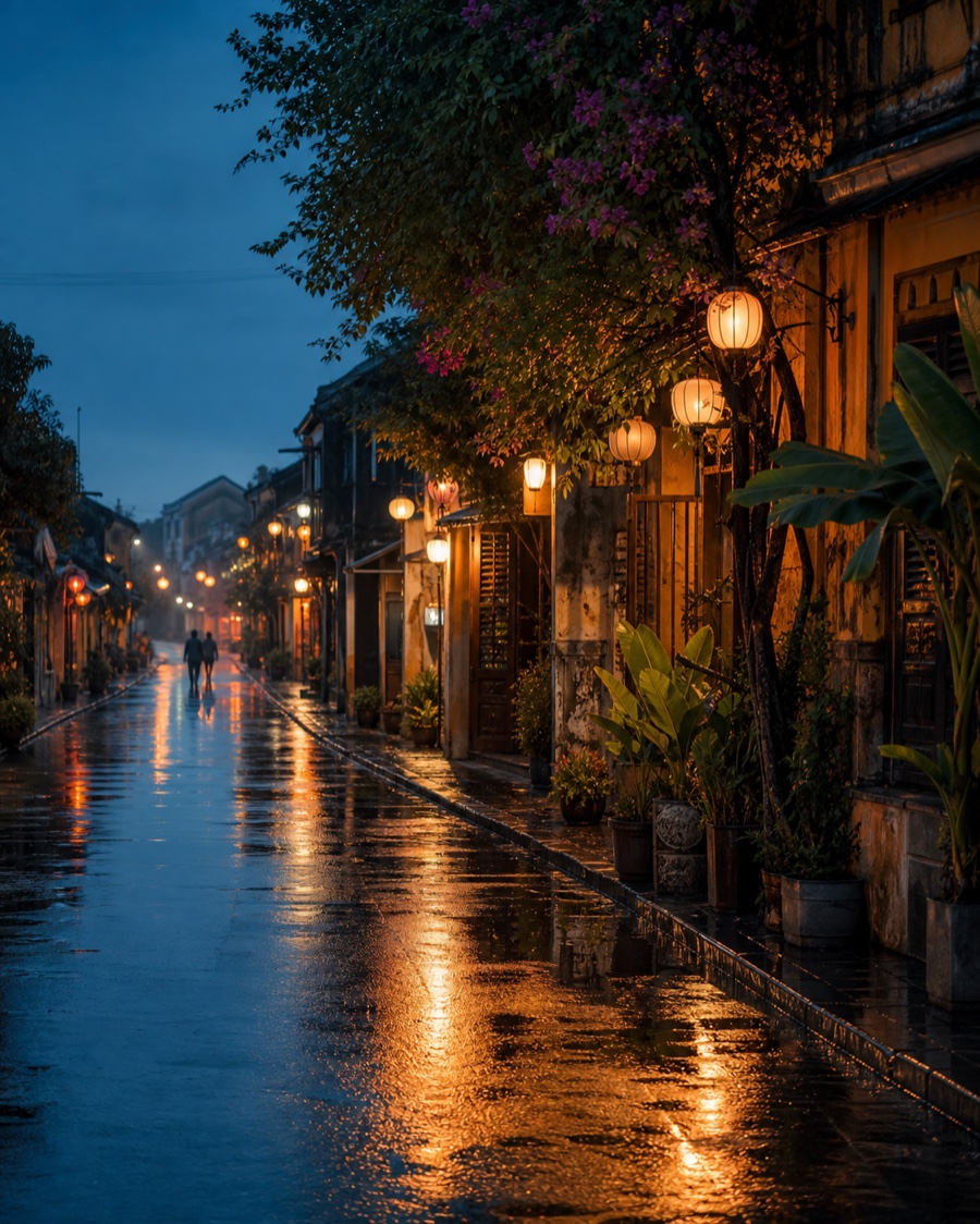 A cinematic rain-lit street edited with LzyScene